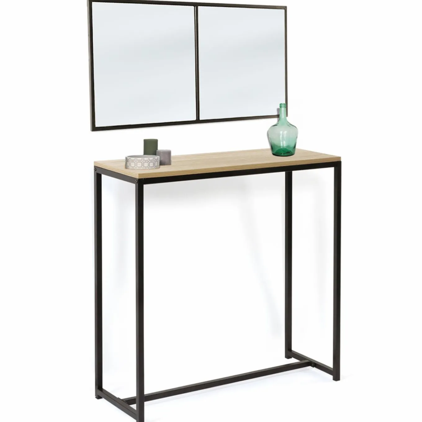 IDMarket Console bois et métal noir avec miroir 2 bandes design industriel* Meubles En Bois|Collection Agencement Magasin