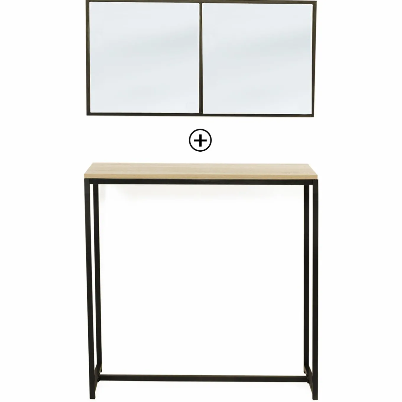 IDMarket Console bois et métal noir avec miroir 2 bandes design industriel* Meubles En Bois|Collection Agencement Magasin