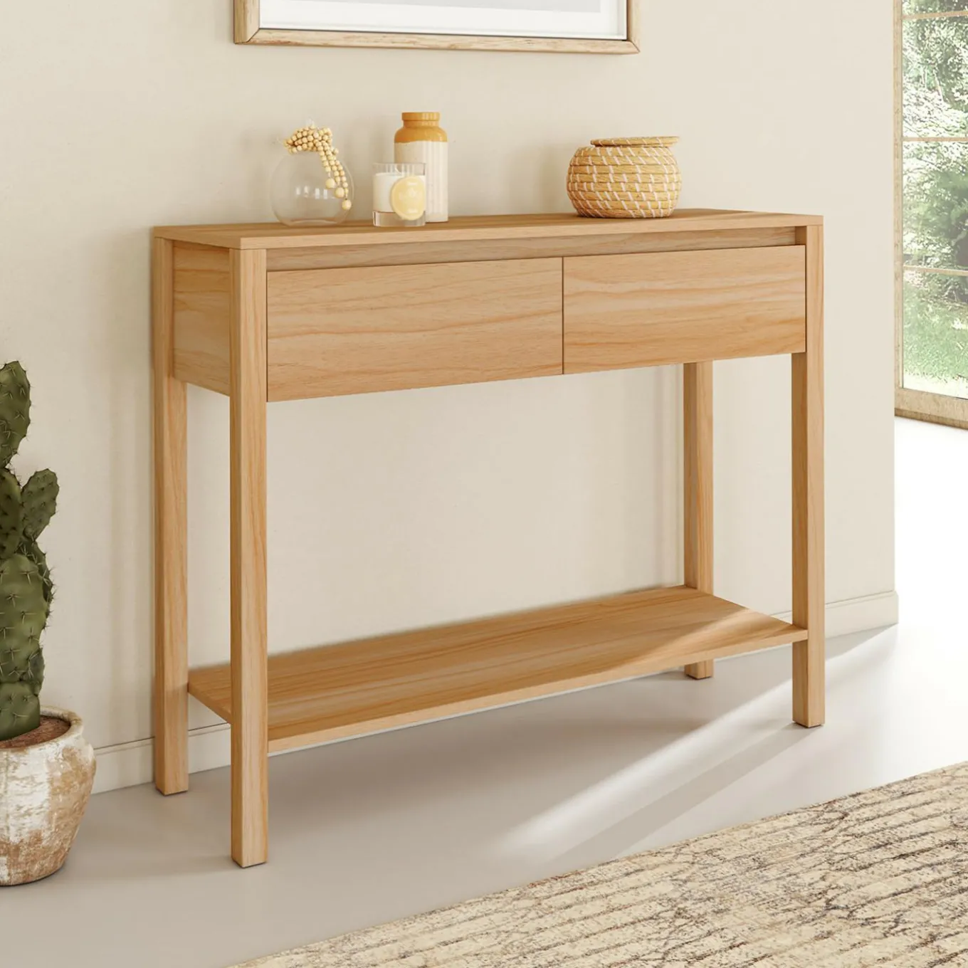 IDMarket Console effet teck 2 tiroirs 1 étagère* Meubles En Bois|Petits Meubles
