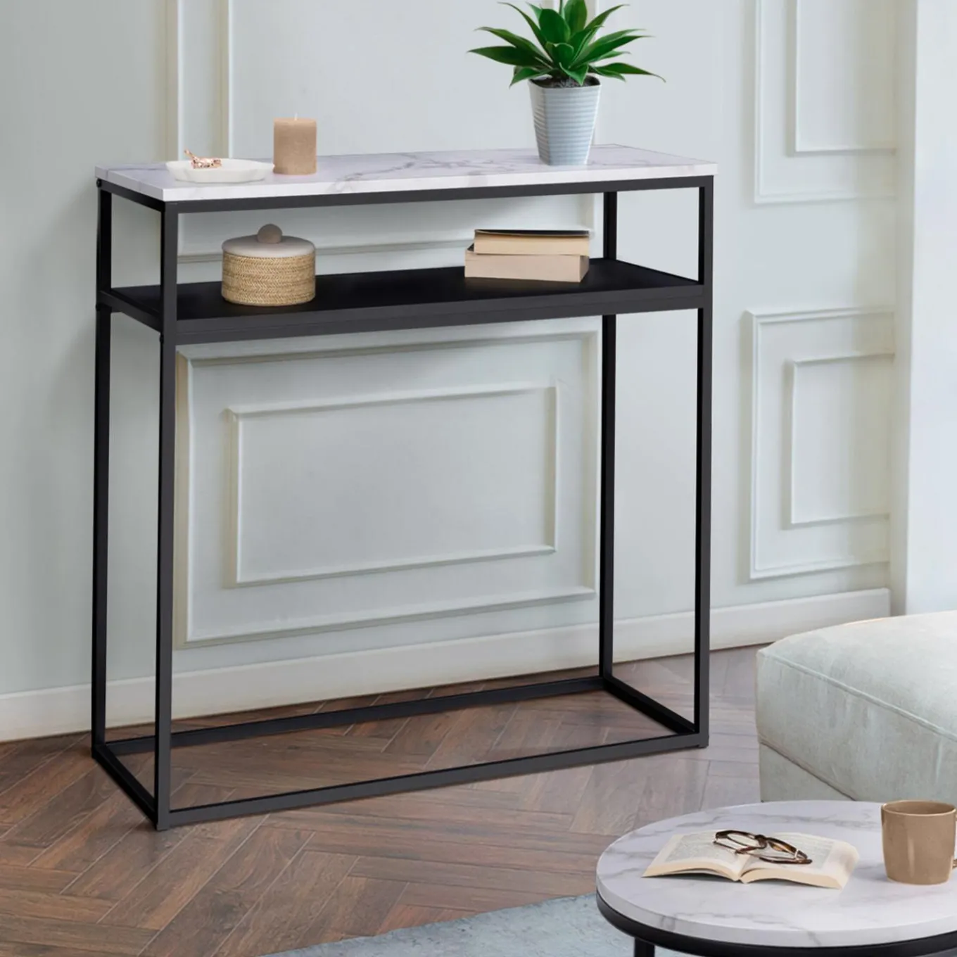 IDMarket Console imitation marbre et bois noir pied métal* Collection Design|Collection Moderne