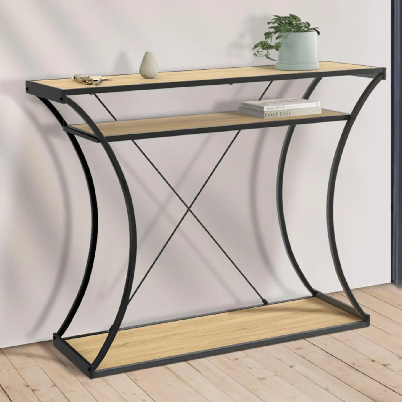 IDMarket Console industrielle pieds courbés double étagères* Petits Meubles|Consoles