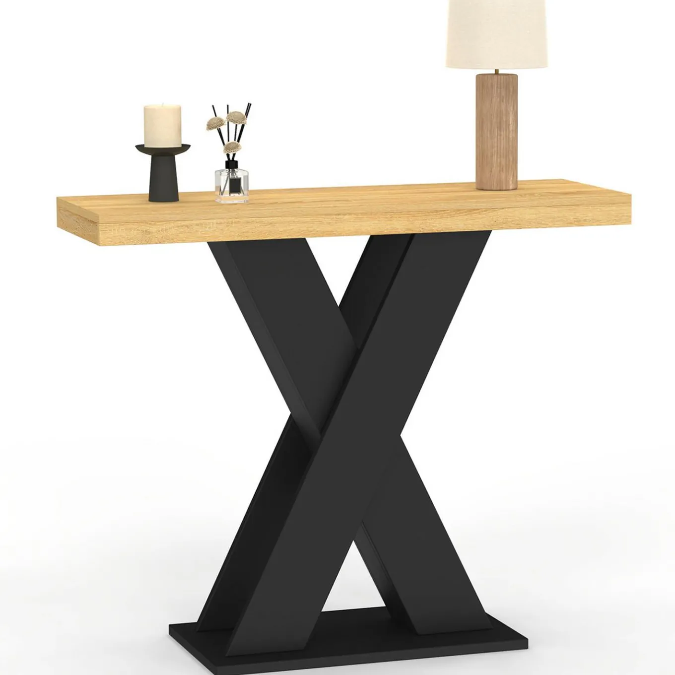 IDMarket Console plateau bois et pied X noir* Consoles|Bureaux Consoles