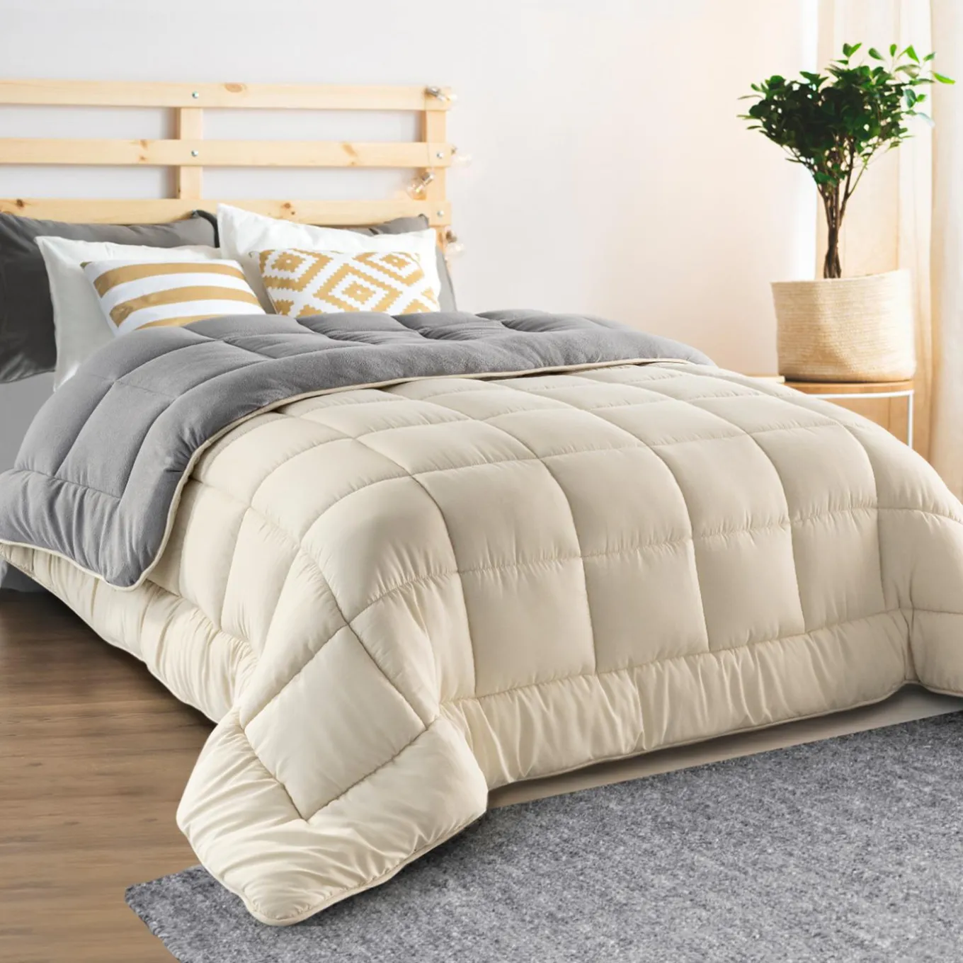 IDMarket Couette polaire biface 140x200 gris et crème* Couettes Et Oreillers|Chambre Complète Adulte