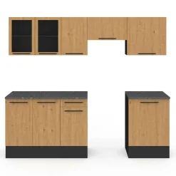 IDMarket Cuisine complète 240 cm 7 éléments bois avec vitrine et plan de travail noir* Meubles Hauts|Meubles Bas