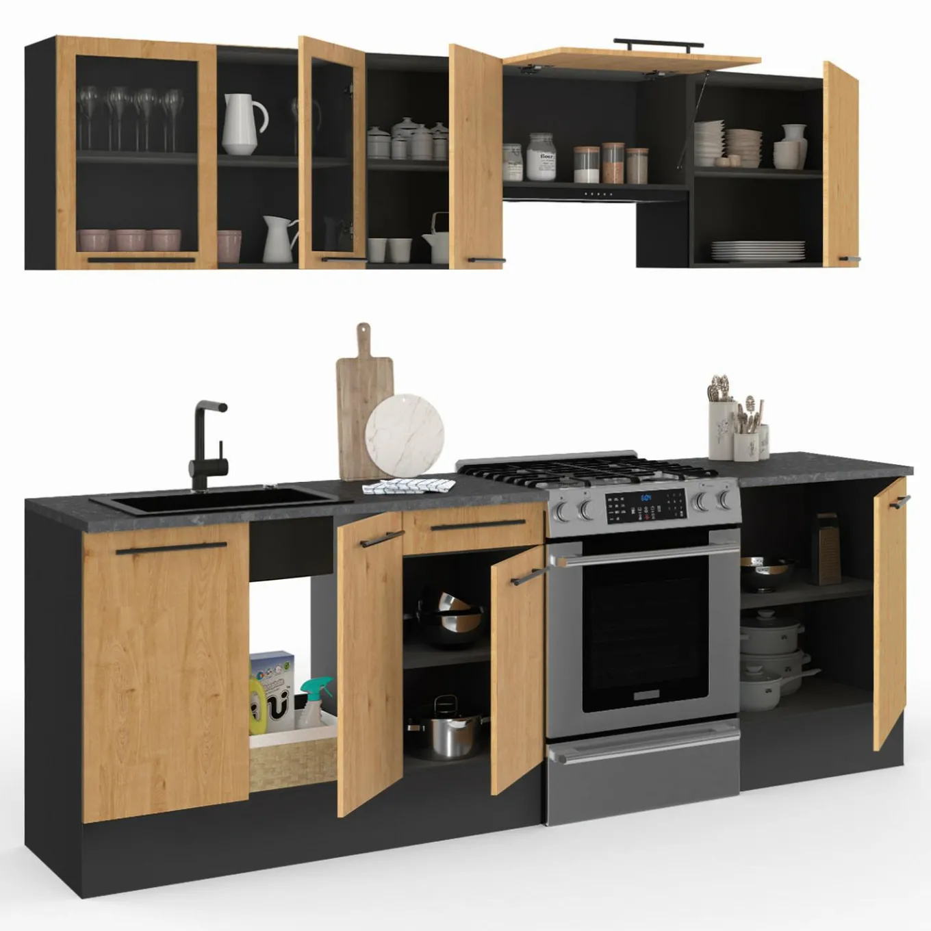 IDMarket Cuisine complète 240 cm 7 éléments bois avec vitrine et plan de travail noir* Meubles Hauts|Meubles Bas