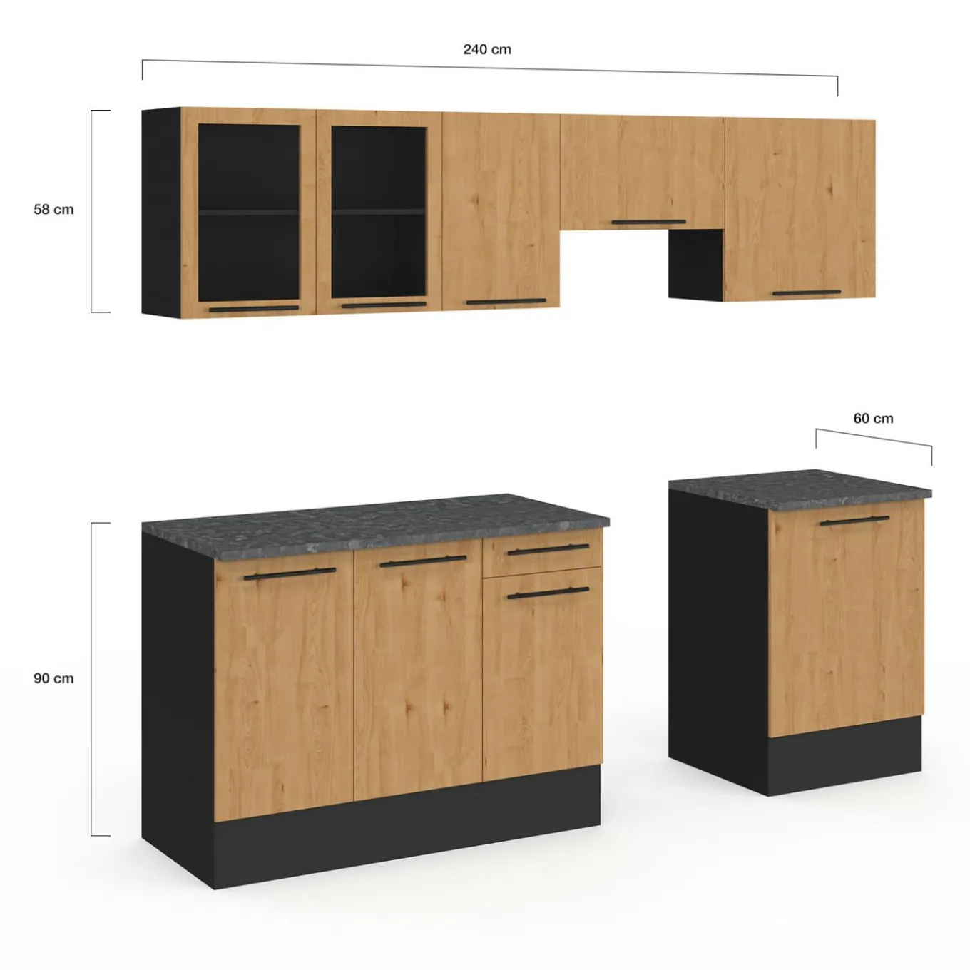 IDMarket Cuisine complète 240 cm 7 éléments bois avec vitrine et plan de travail noir* Meubles Hauts|Meubles Bas