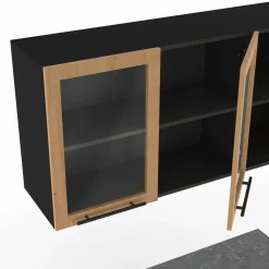 IDMarket Cuisine complète 240 cm 7 éléments bois avec vitrine et plan de travail noir* Meubles Hauts|Meubles Bas