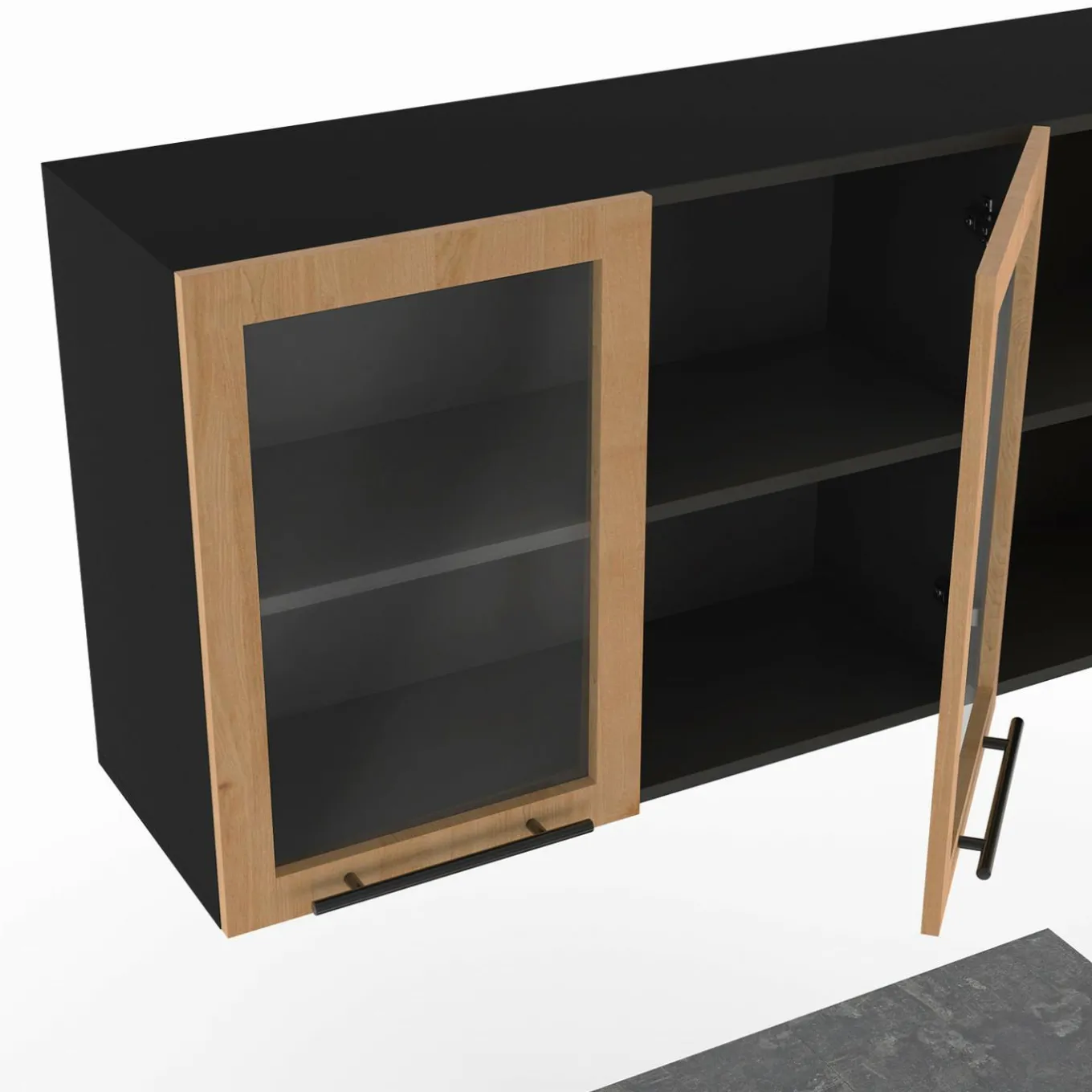 IDMarket Cuisine complète 240 cm 7 éléments bois avec vitrine et plan de travail noir* Meubles Hauts|Meubles Bas