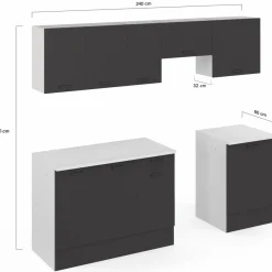 IDMarket Cuisine complète 240 cm avec plan de travail blanc et gris* Meubles Hauts|Meubles Bas