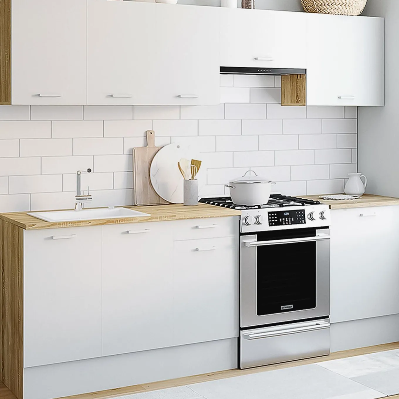 IDMarket Cuisine complète 240 cm avec plan de travail bois et blanc* Meubles Hauts|Meubles Bas