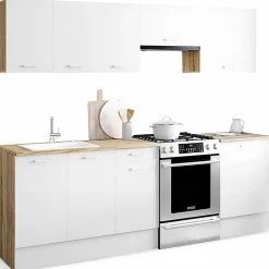IDMarket Cuisine complète 240 cm avec plan de travail bois et blanc* Meubles Hauts|Meubles Bas
