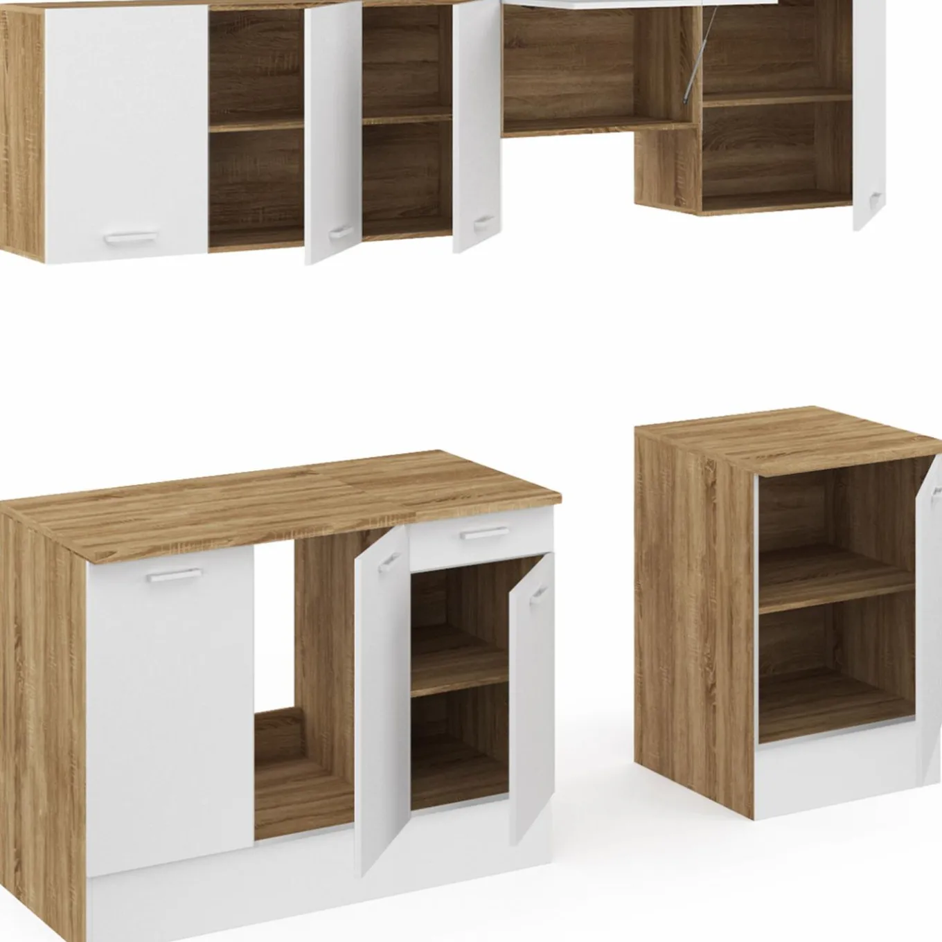 IDMarket Cuisine complète 240 cm avec plan de travail bois et blanc* Meubles Hauts|Meubles Bas