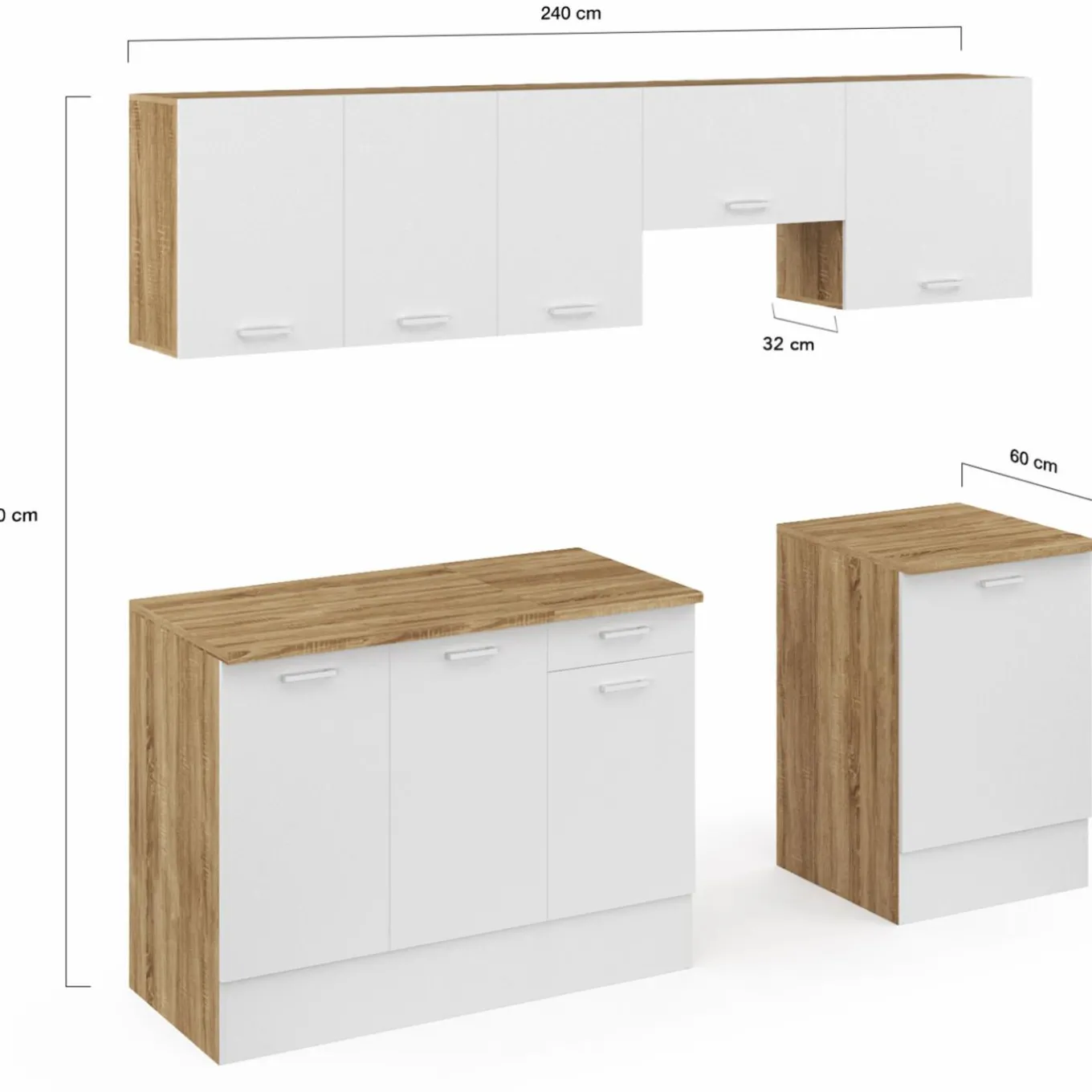 IDMarket Cuisine complète 240 cm avec plan de travail bois et blanc* Meubles Hauts|Meubles Bas