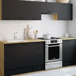 IDMarket Cuisine complète 240 cm avec plan de travail bois et noir* Meubles Hauts|Meubles Bas