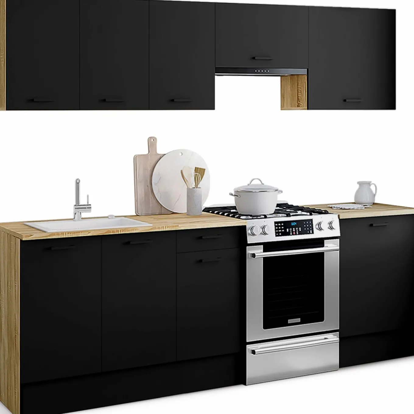 IDMarket Cuisine complète 240 cm avec plan de travail bois et noir* Meubles Hauts|Meubles Bas