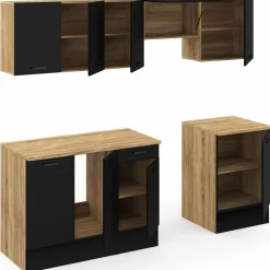 IDMarket Cuisine complète 240 cm avec plan de travail bois et noir* Meubles Hauts|Meubles Bas