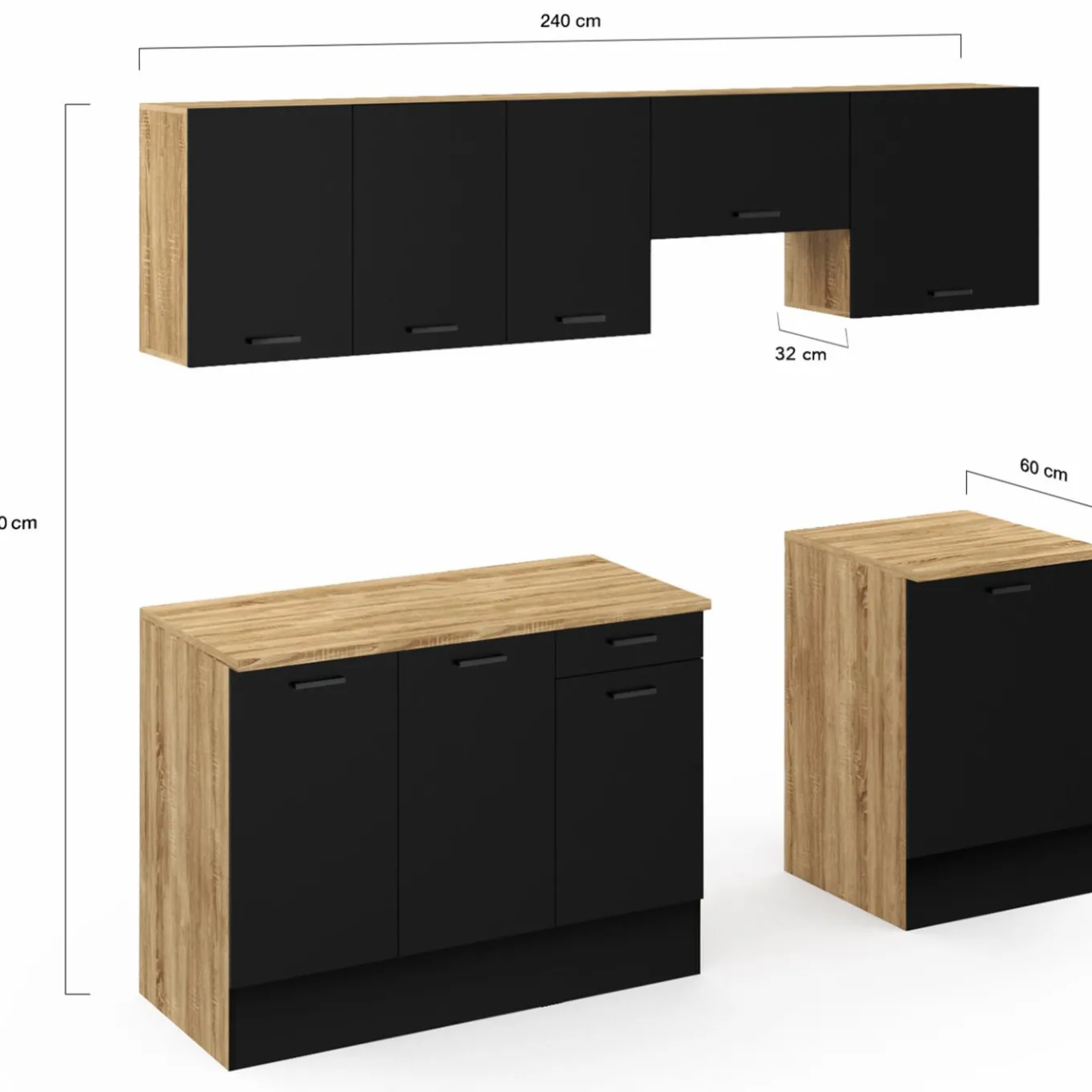 IDMarket Cuisine complète 240 cm avec plan de travail bois et noir* Meubles Hauts|Meubles Bas