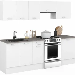 IDMarket Cuisine complète 240 cm avec plan de travail bois blanc et plateaux effet béton* Meubles Hauts|Meubles Bas