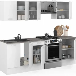 IDMarket Cuisine complète 240 cm avec plan de travail bois blanc et plateaux effet béton* Meubles Hauts|Meubles Bas