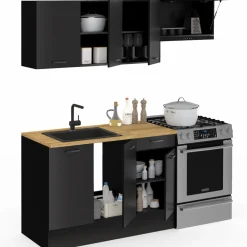 IDMarket Cuisine complète 180 cm avec plan de travail bois et noir* Meubles Hauts|Meubles Bas