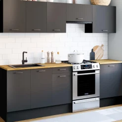 IDMarket Cuisine complète 240 cm avec plan de travail bois et noir* Meubles Hauts|Meubles Bas