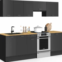IDMarket Cuisine complète 240 cm avec plan de travail bois et noir* Meubles Hauts|Meubles Bas