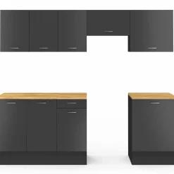 IDMarket Cuisine complète 240 cm avec plan de travail bois et noir* Meubles Hauts|Meubles Bas