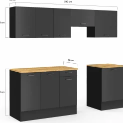 IDMarket Cuisine complète 240 cm avec plan de travail bois et noir* Meubles Hauts|Meubles Bas
