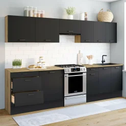 IDMarket Cuisine complète bois et noir avec casserolier et plan de travail 9 éléments* Cuisines Aménagées|Cuisine Complète