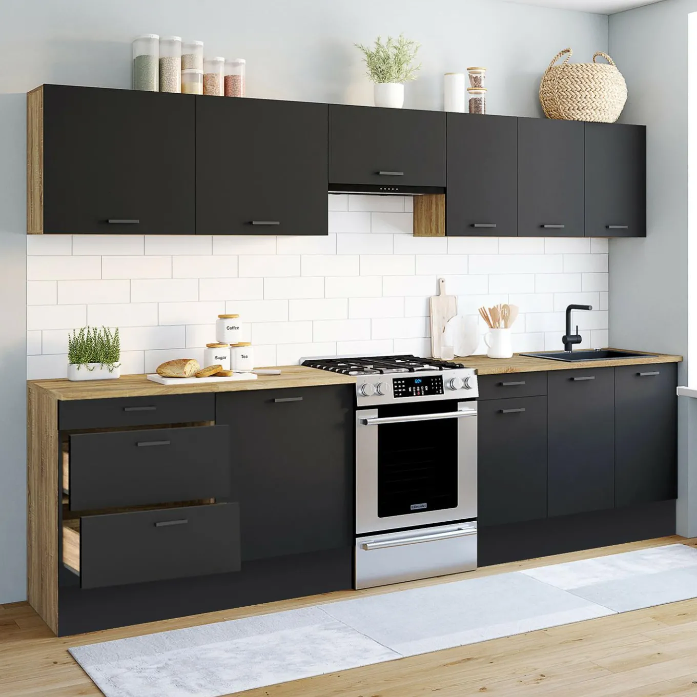 IDMarket Cuisine complète bois et noir avec casserolier et plan de travail 9 éléments* Cuisines Aménagées|Cuisine Complète