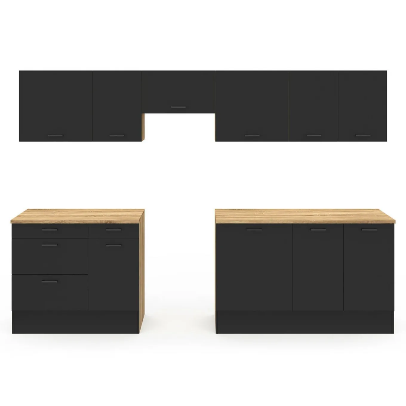 IDMarket Cuisine complète bois et noir avec casserolier et plan de travail 9 éléments* Cuisines Aménagées|Cuisine Complète