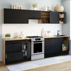 IDMarket Cuisine complète bois et noir avec casserolier et plan de travail 9 éléments* Cuisines Aménagées|Cuisine Complète