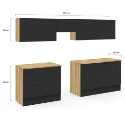 IDMarket Cuisine complète bois et noir avec casserolier et plan de travail 9 éléments* Cuisines Aménagées|Cuisine Complète