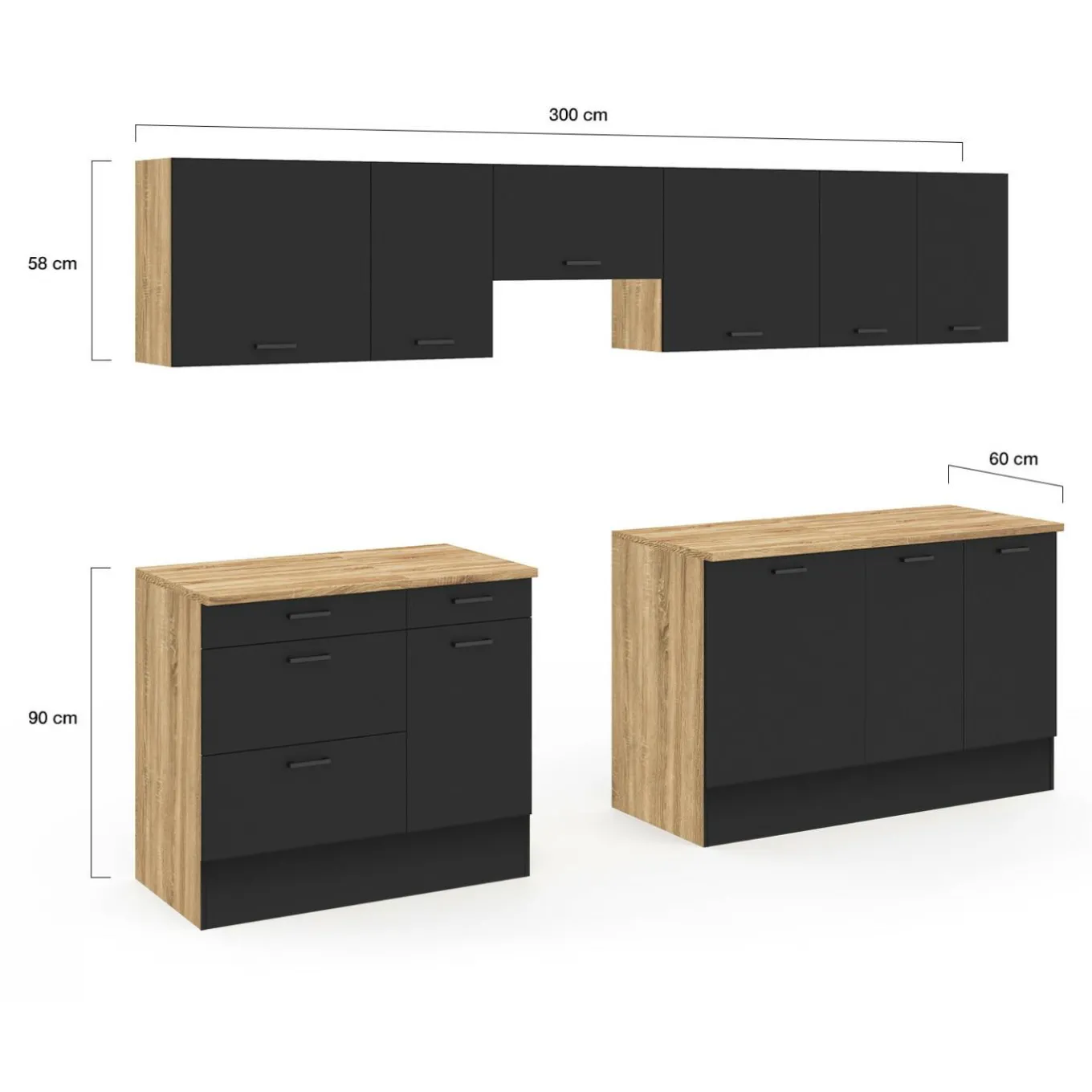 IDMarket Cuisine complète bois et noir avec casserolier et plan de travail 9 éléments* Cuisines Aménagées|Cuisine Complète