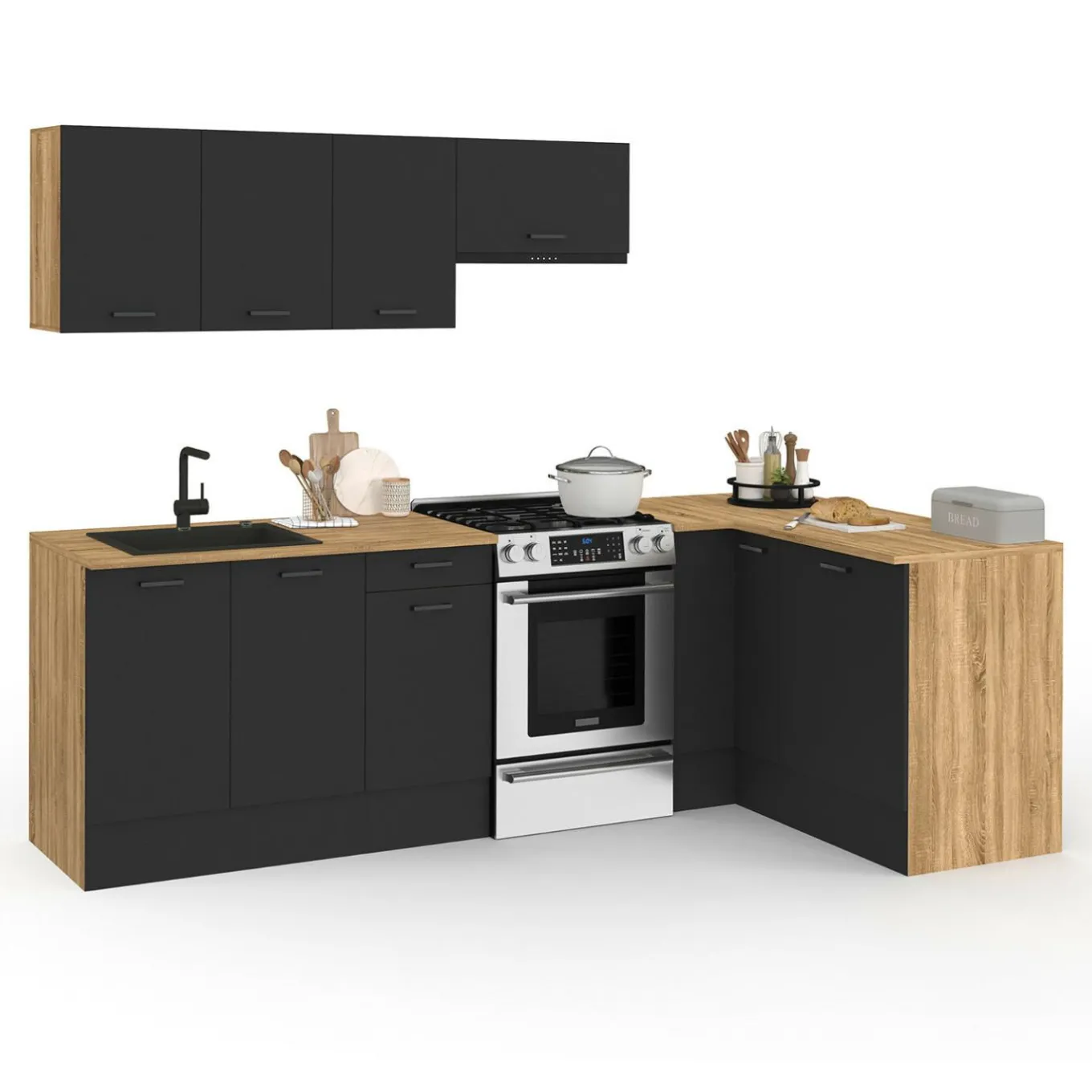 IDMarket Cuisine d'angle complète bois et noir 400 cm 7 éléments* Meubles Hauts|Meubles Bas