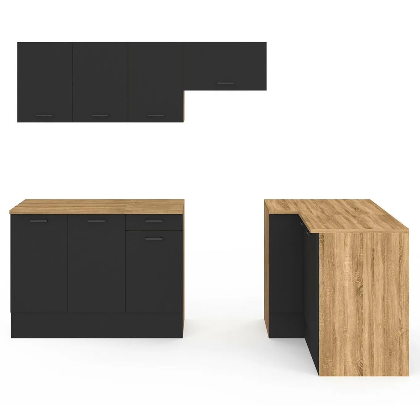 IDMarket Cuisine d'angle complète bois et noir 400 cm 7 éléments* Meubles Hauts|Meubles Bas