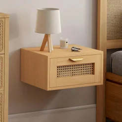IDMarket de 2 tables de chevet murables 1 tiroir étagère suspendue cannage et bois* Collection Cannage|Chambre Complète Adulte