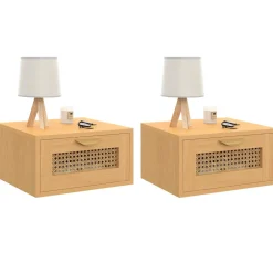 IDMarket de 2 tables de chevet murables 1 tiroir étagère suspendue cannage et bois* Collection Cannage|Chambre Complète Adulte
