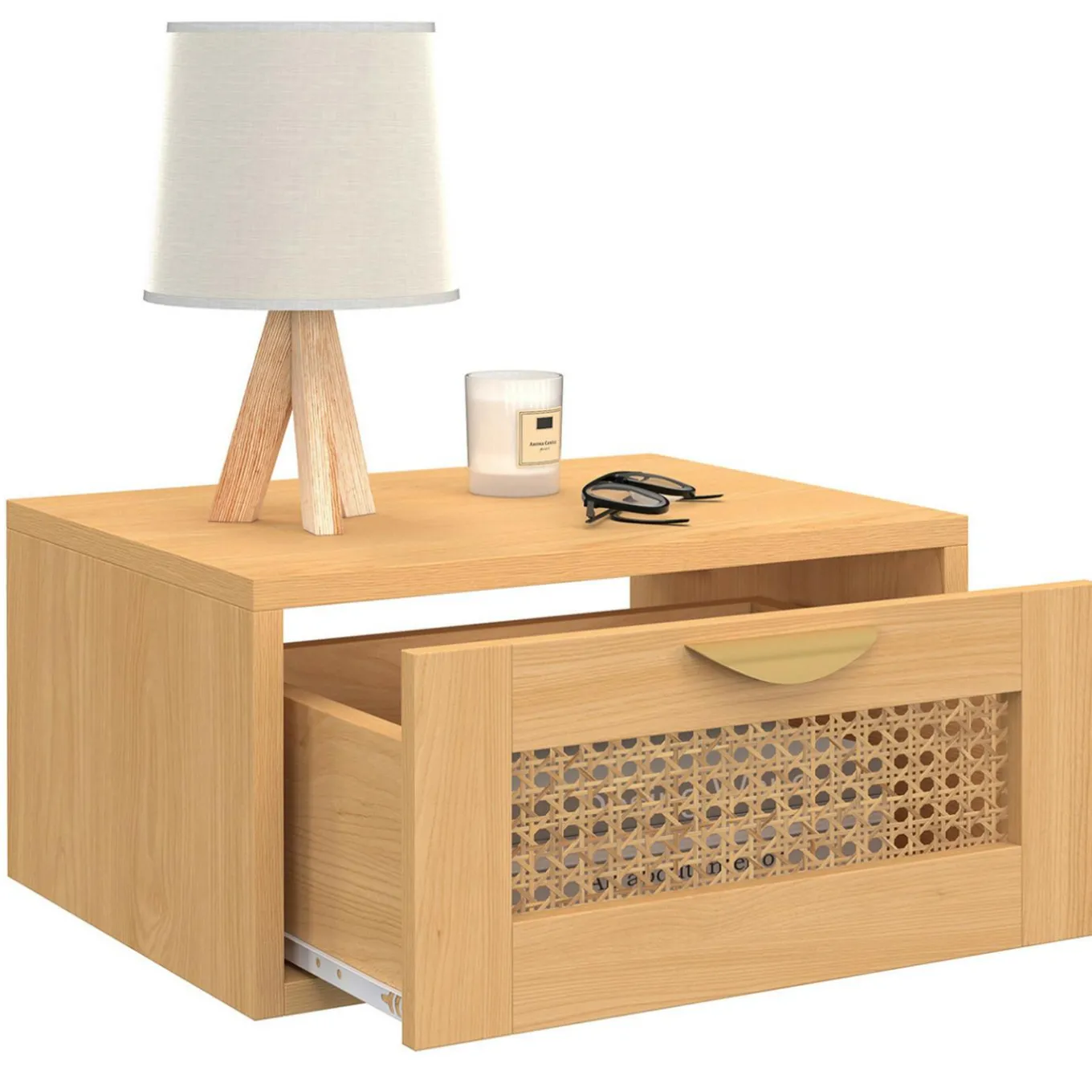 IDMarket de 2 tables de chevet murables 1 tiroir étagère suspendue cannage et bois* Collection Cannage|Chambre Complète Adulte