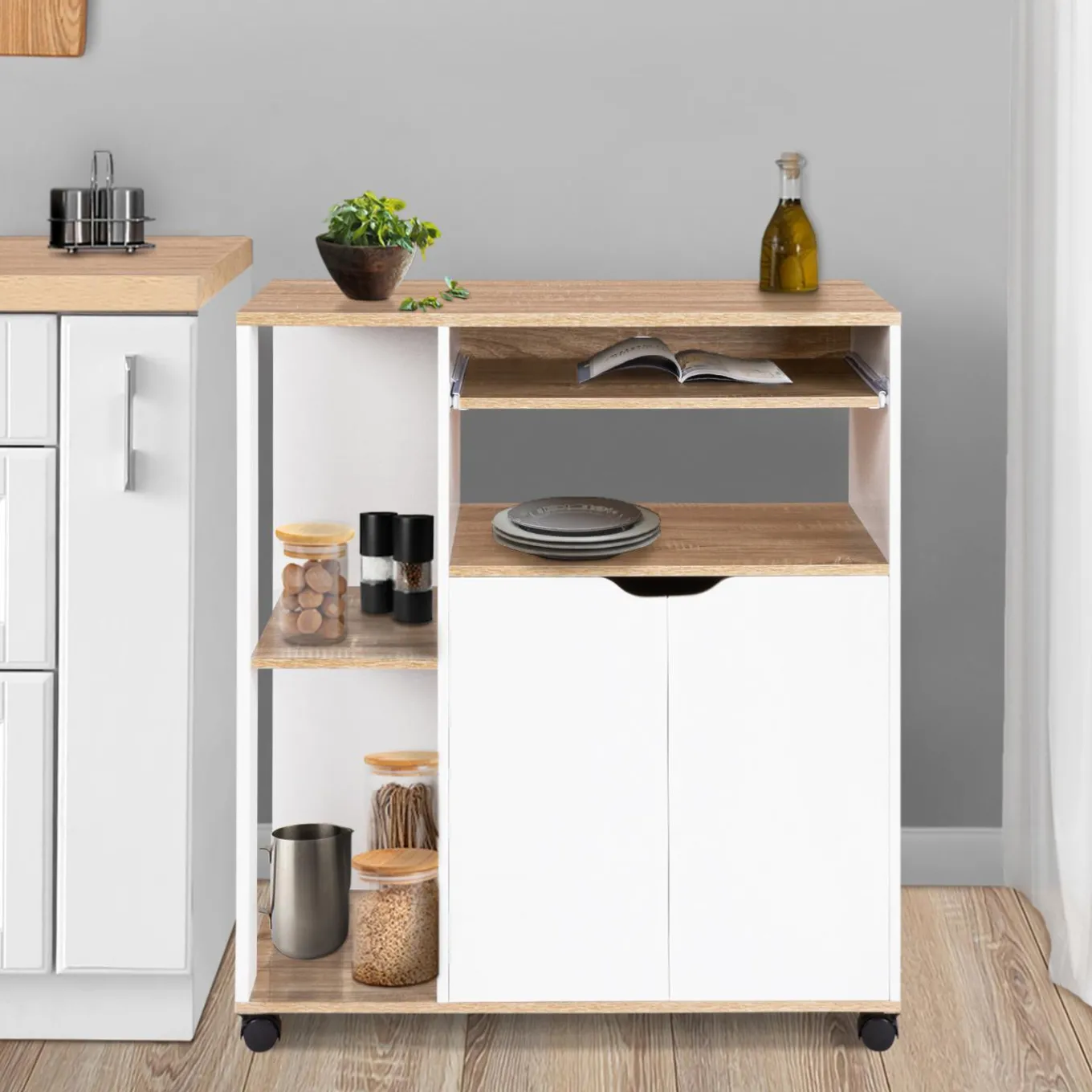 IDMarket Desserte à roulettes bois blanc et plateaux façon hêtre 76 cm* Petits Meubles|Meubles De Cuisine Avec Plan De Travail