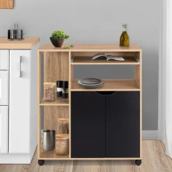 IDMarket Desserte à roulettes bois façon hêtre et portes noires 76 cm* Meubles De Cuisine Avec Plan De Travail|Buffets De Cuisine