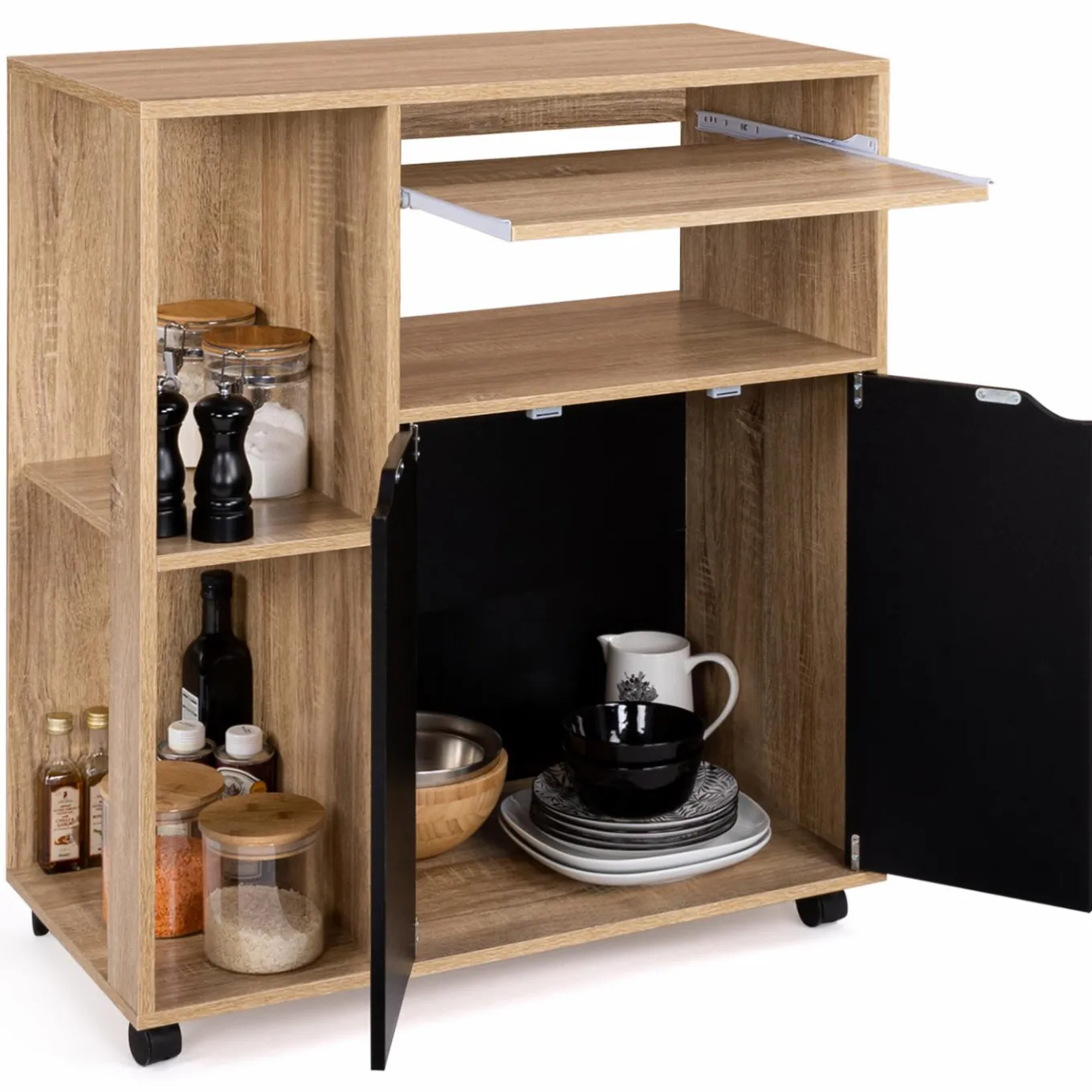 IDMarket Desserte à roulettes bois façon hêtre et portes noires 76 cm* Meubles De Cuisine Avec Plan De Travail|Buffets De Cuisine