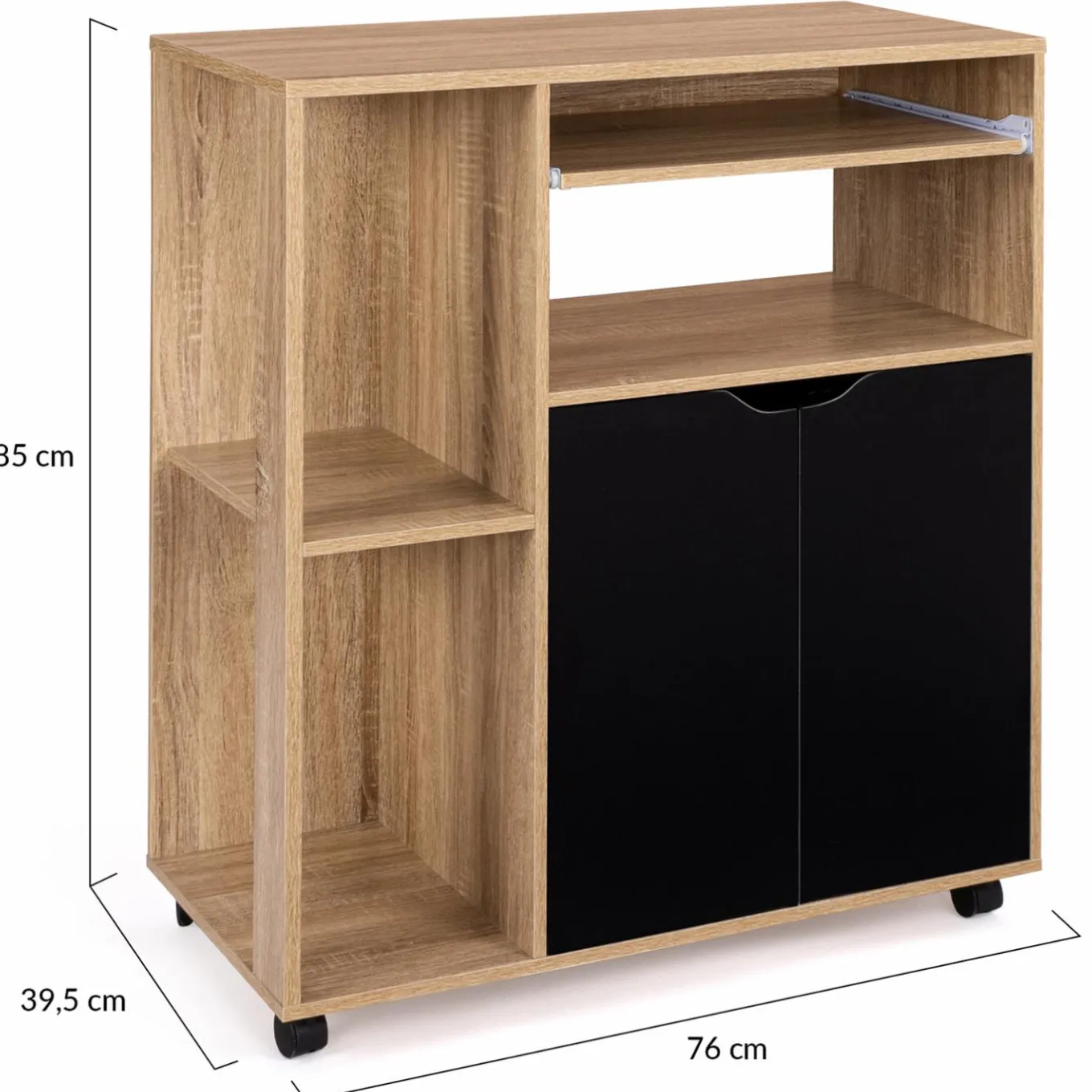 IDMarket Desserte à roulettes bois façon hêtre et portes noires 76 cm* Meubles De Cuisine Avec Plan De Travail|Buffets De Cuisine