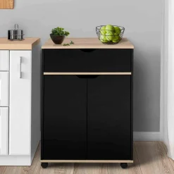 IDMarket Desserte à roulettes bois noir et plateaux façon hêtre 60 cm* Meubles Tiroirs|Meubles Bas