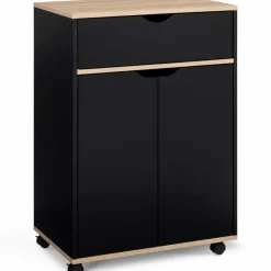 IDMarket Desserte à roulettes bois noir et plateaux façon hêtre 60 cm* Meubles Tiroirs|Meubles Bas
