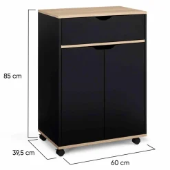 IDMarket Desserte à roulettes bois noir et plateaux façon hêtre 60 cm* Meubles Tiroirs|Meubles Bas