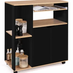 IDMarket Desserte à roulettes bois noir et plateaux façon hêtre 76 cm* Petits Meubles|Meubles De Cuisine Avec Plan De Travail