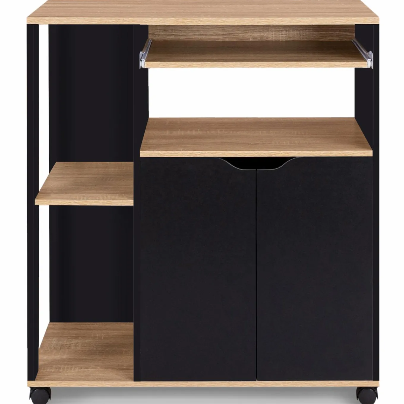 IDMarket Desserte à roulettes bois noir et plateaux façon hêtre 76 cm* Petits Meubles|Meubles De Cuisine Avec Plan De Travail