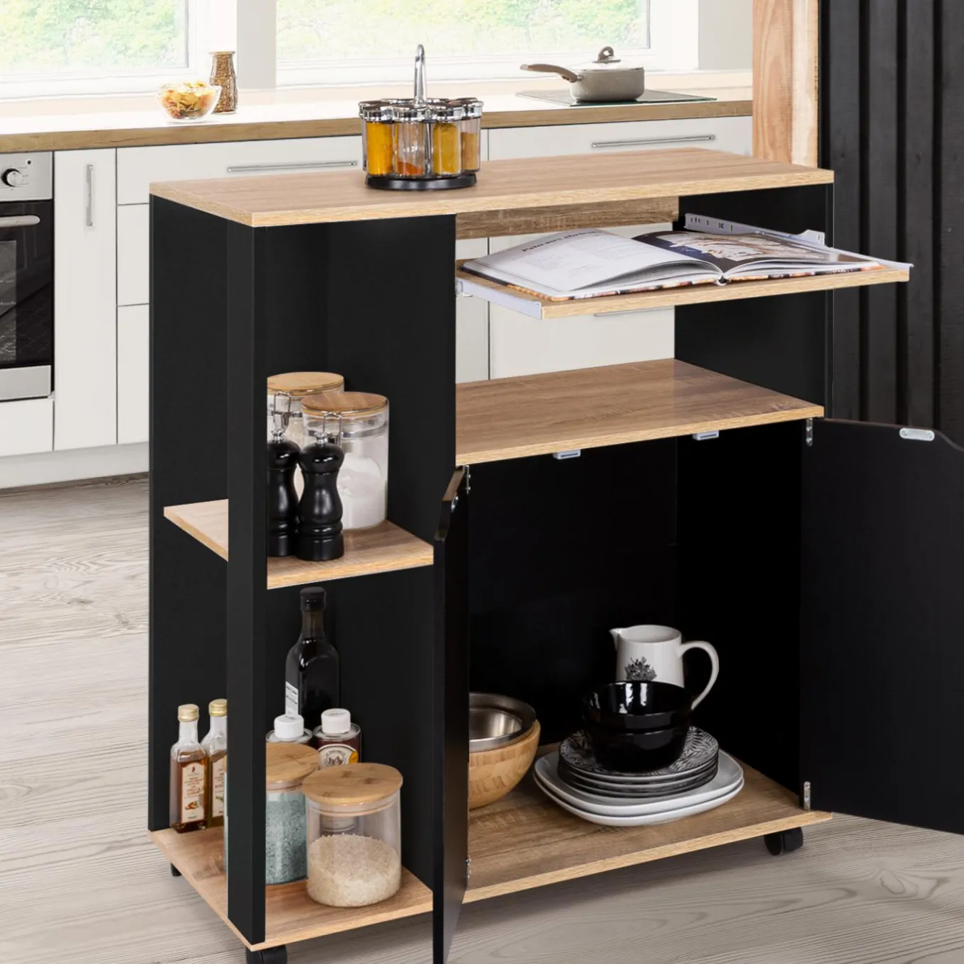 IDMarket Desserte à roulettes bois noir et plateaux façon hêtre 76 cm* Petits Meubles|Meubles De Cuisine Avec Plan De Travail