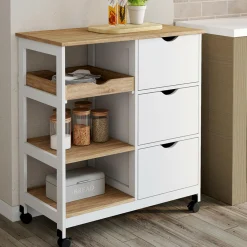 IDMarket Desserte de cuisine 3 paniers + 1 plateau amovibe blanc et effet hêtre L 76 cm* Meubles De Cuisine Avec Plan De Travail|Buffets De Cuisine